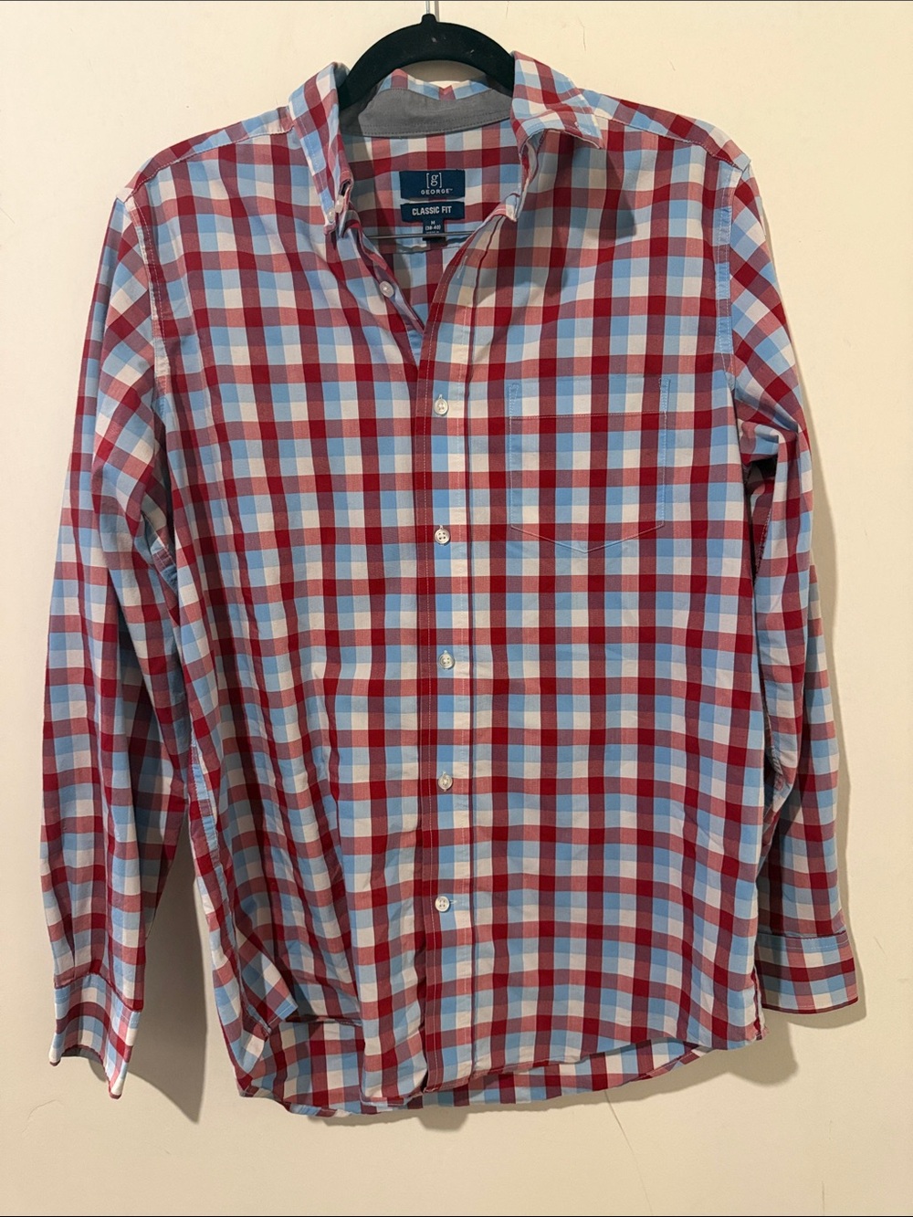 George Red and Light Blue Plaid Button-Down Shirt Size Medium